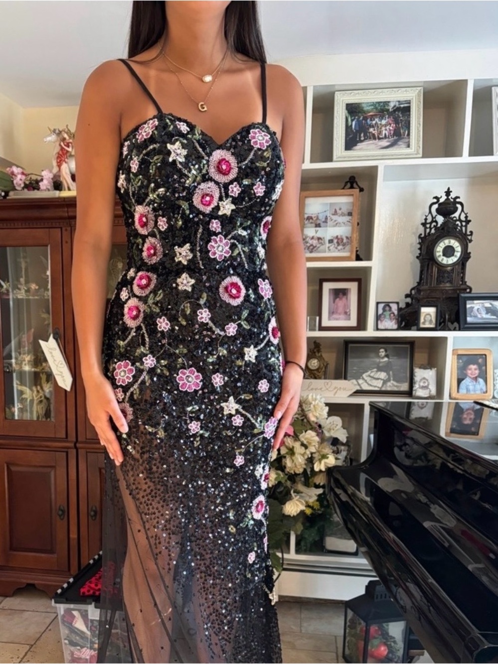 Black Beaded Evening Gown with Pink Floral Embroidery - Picture 1 of 9